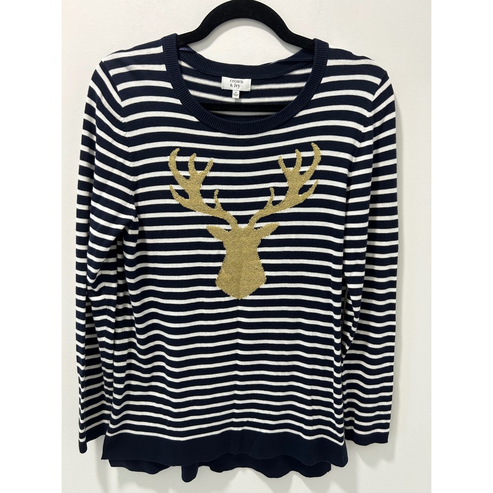 Crown & Ivy Navy White Striped Gold Glitter Deer Sweater Scalloped Hem Womens M